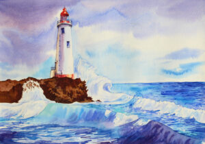 lighthouse and crashing waves