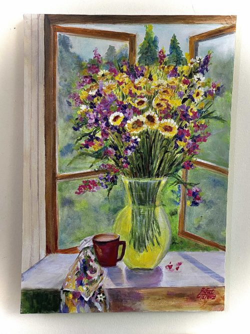 Window flowers and tea painting low res