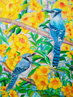 Blue Jays with Yellow Trumpets - Flowers and Birds Series