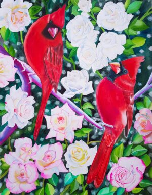 Red Songbirds with Roses - Flowers and Birds Series