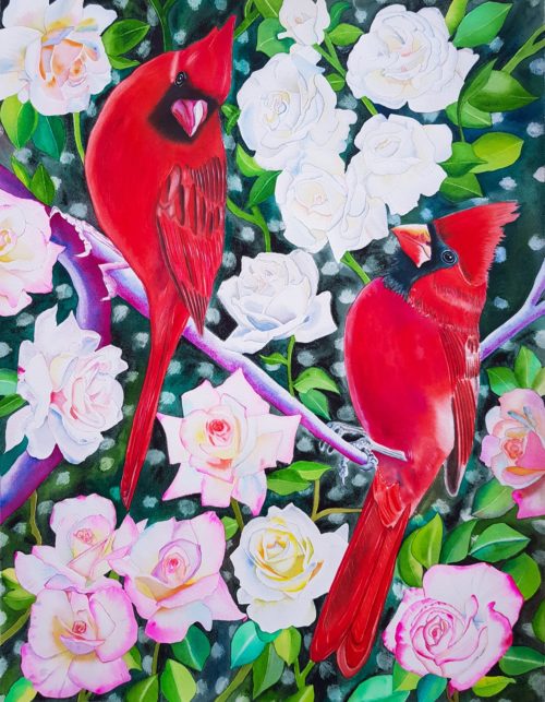 Varsha Parab Red Songbirds with Roses