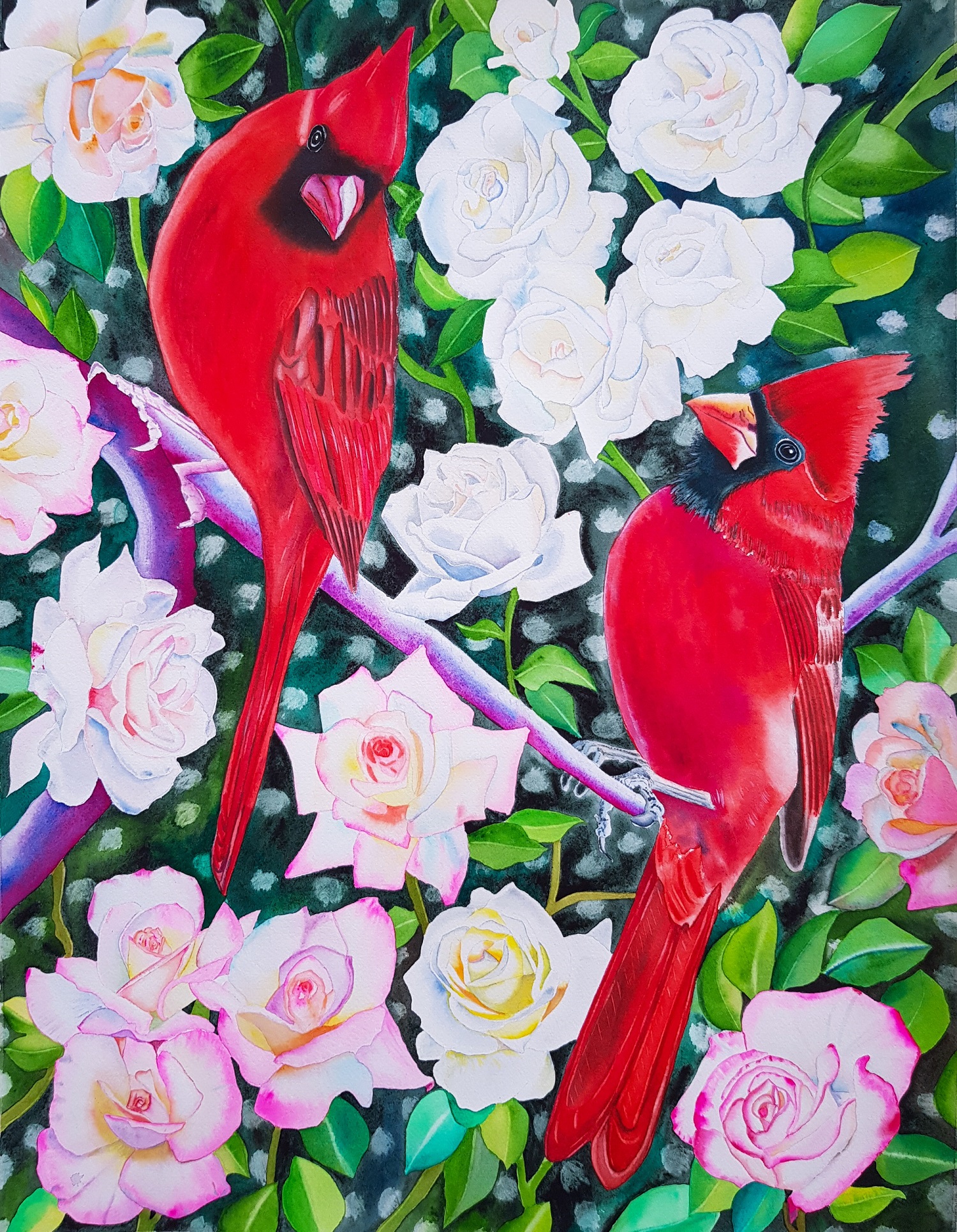 Varsha Parab Red Songbirds with Roses