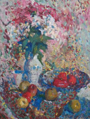 Still Life Vase of Flowers With Apples